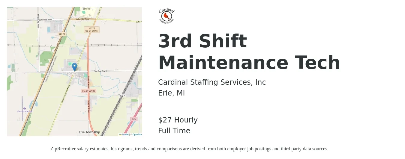 Cardinal Staffing Services, Inc job posting for a 3rd Shift Maintenance Tech in Erie, MI with a salary of $28 Hourly with a map of Erie location.