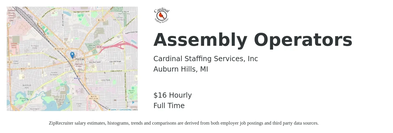 Cardinal Staffing Services, Inc job posting for a Assembly Operators in Auburn Hills, MI with a salary of $17 Hourly with a map of Auburn Hills location.