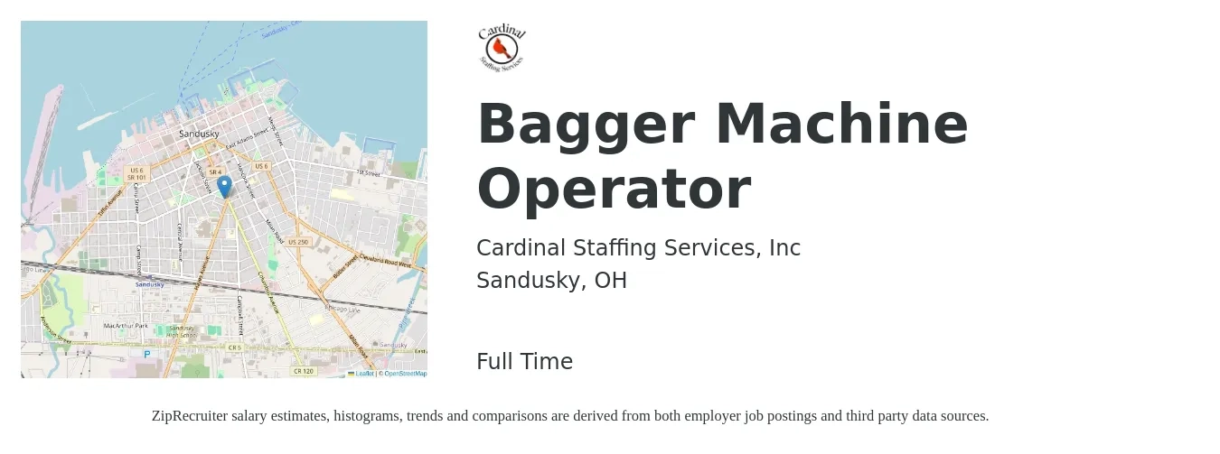 Cardinal Staffing Services, Inc job posting for a Bagger Machine Operator in Sandusky, OH with a salary of $16 to $19 Hourly with a map of Sandusky location.