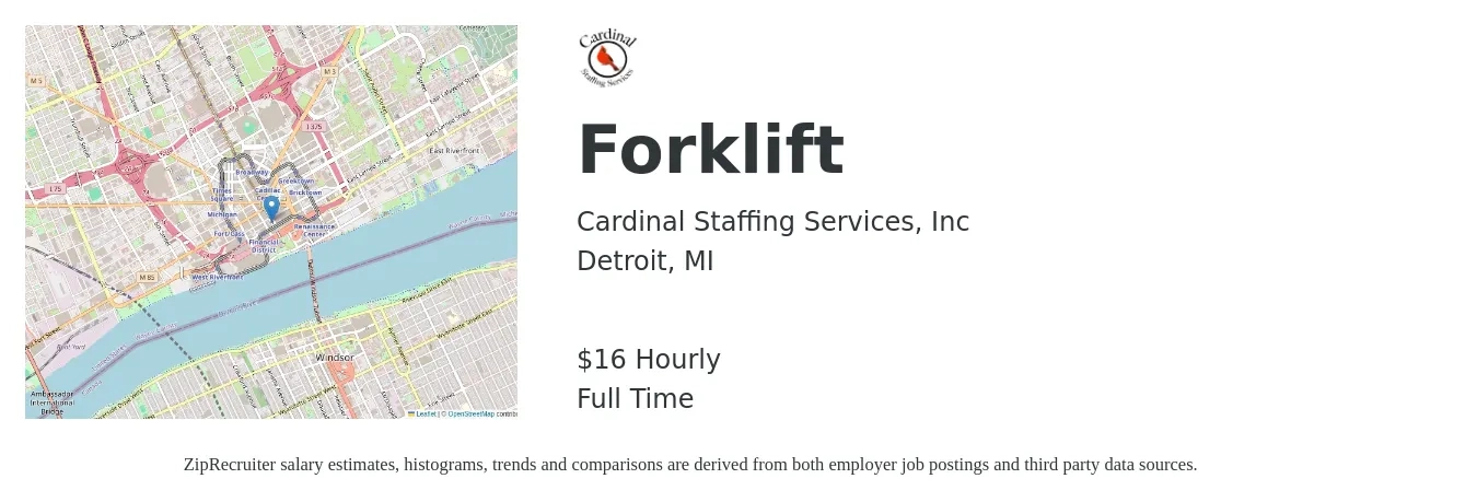 Cardinal Staffing Services, Inc job posting for a Forklift in Detroit, MI with a salary of $17 Hourly with a map of Detroit location.