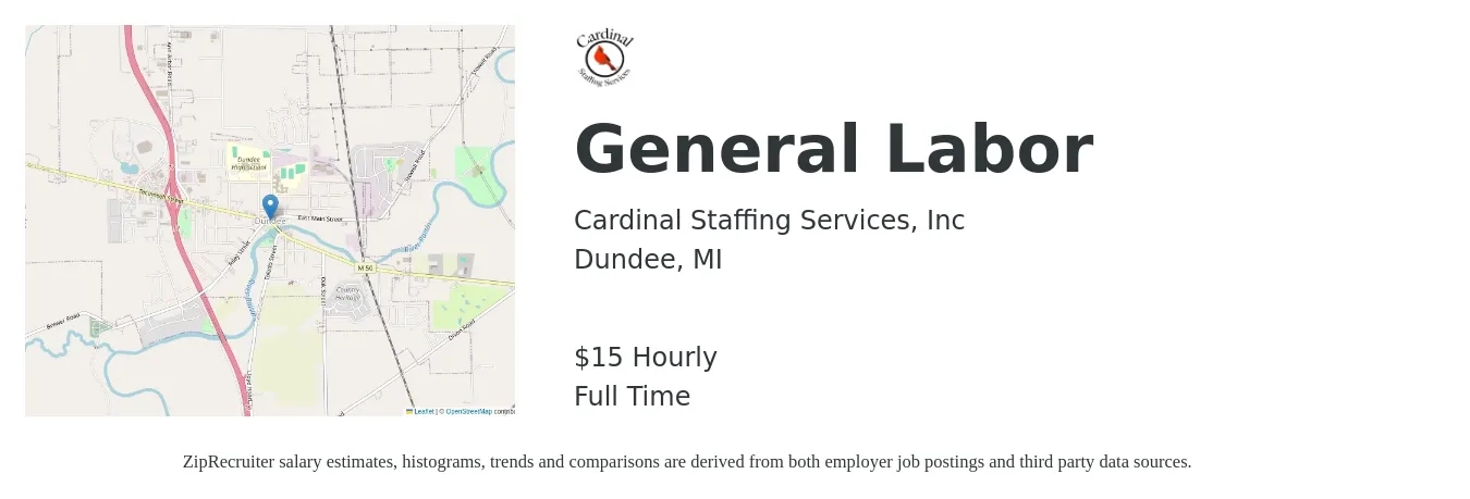 Cardinal Staffing Services, Inc job posting for a General Labor in Dundee, MI with a salary of $16 Hourly with a map of Dundee location.