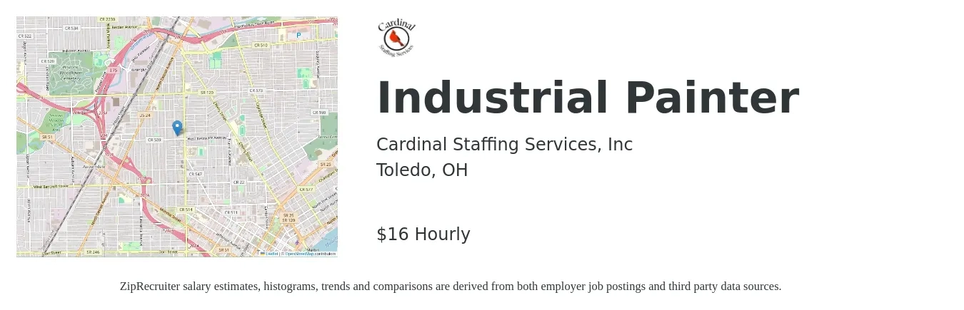 Cardinal Staffing Services, Inc job posting for a Industrial Painter in Toledo, OH with a salary of $17 Hourly with a map of Toledo location.