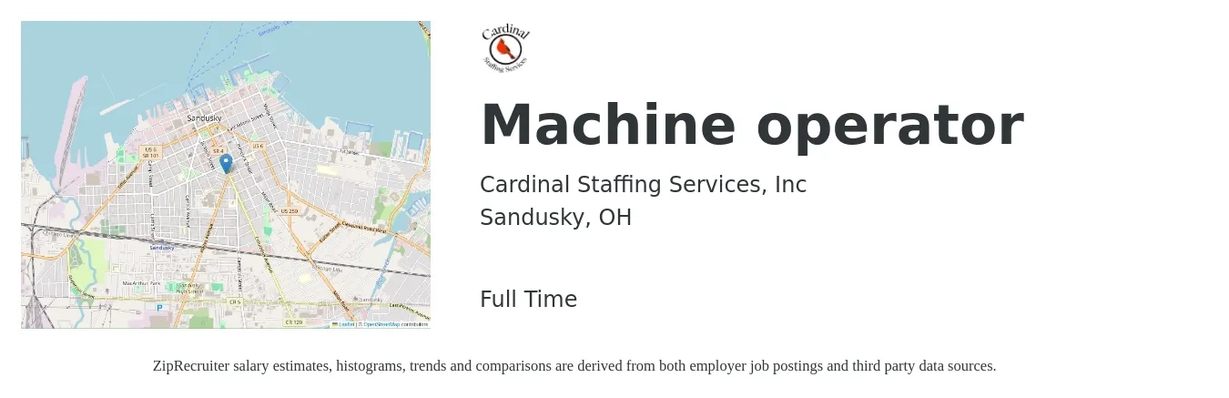 Cardinal Staffing Services, Inc job posting for a Machine operator in Sandusky, OH with a salary of $16 to $19 Hourly with a map of Sandusky location.