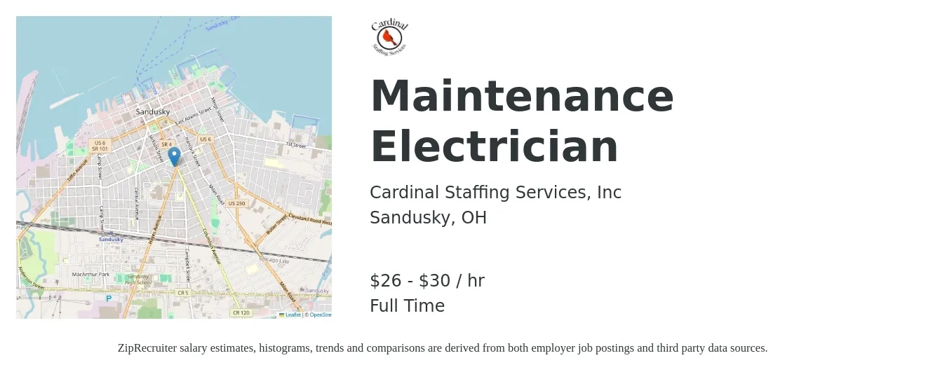 Cardinal Staffing Services, Inc job posting for a Maintenance Electrician in Sandusky, OH with a salary of $28 to $32 Hourly with a map of Sandusky location.