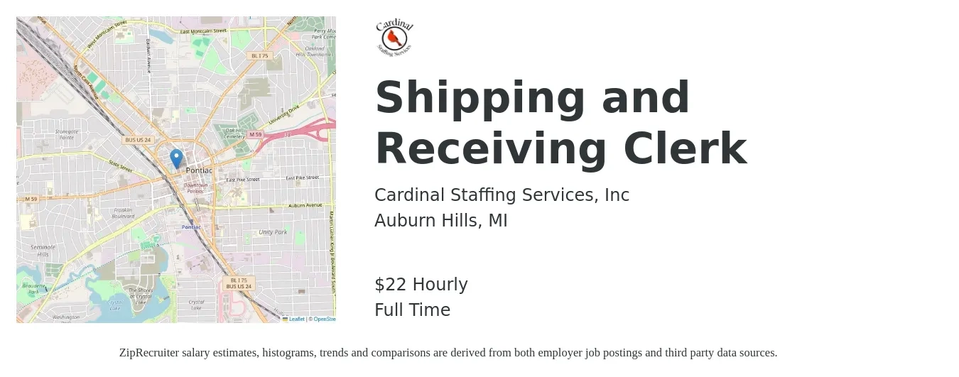 Cardinal Staffing Services, Inc job posting for a Shipping and Receiving Clerk in Auburn Hills, MI with a salary of $16 to $19 Hourly with a map of Auburn Hills location.