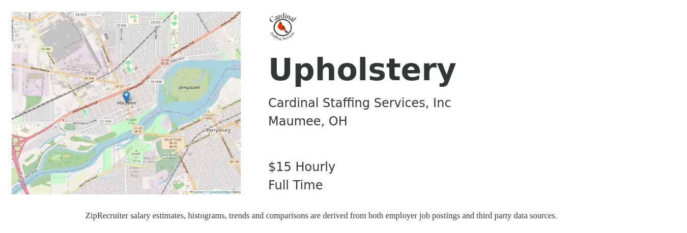 Cardinal Staffing Services, Inc job posting for a Upholstery in Maumee, OH with a salary of $16 Hourly with a map of Maumee location.