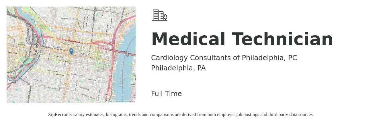 Cardiology Consultants of Philadelphia, PC job posting for a Medical Technician in Philadelphia, PA with a salary of $35,500 to $44,800 Yearly with a map of Philadelphia location.