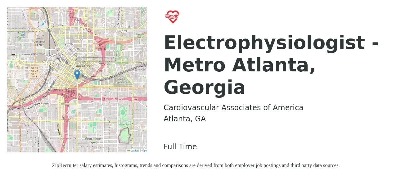 Cardiovascular Associates of America job posting for a Electrophysiologist - Metro Atlanta, Georgia in Atlanta, GA with a salary of $103,900 to $384,700 Yearly with a map of Atlanta location.