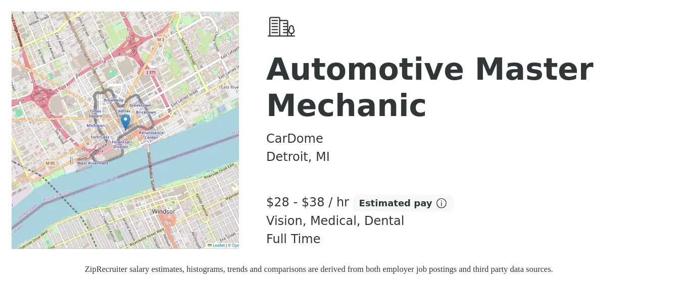 CarDome job posting for a Automotive Master Mechanic in Detroit, MI with a salary of $30 to $40 Hourly (plus commission) and benefits including retirement, vision, dental, life_insurance, medical, and pto with a map of Detroit location.
