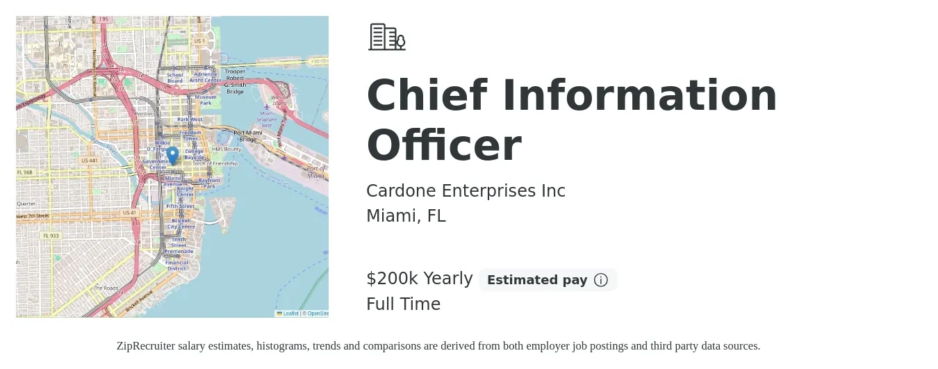Cardone Enterprises Inc job posting for a Chief Information Officer in Miami, FL with a salary of $200,000 Yearly with a map of Miami location.