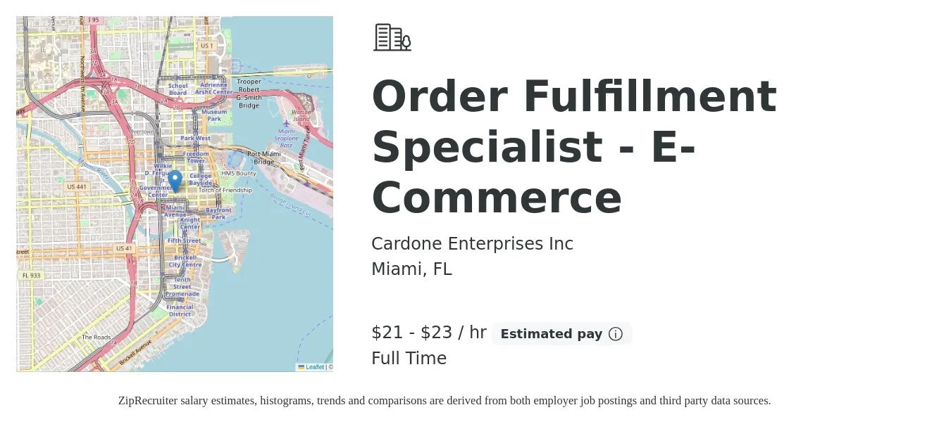 Cardone Enterprises Inc job posting for a Order Fulfillment Specialist - E-Commerce in Miami, FL with a salary of $22 to $24 Hourly with a map of Miami location.