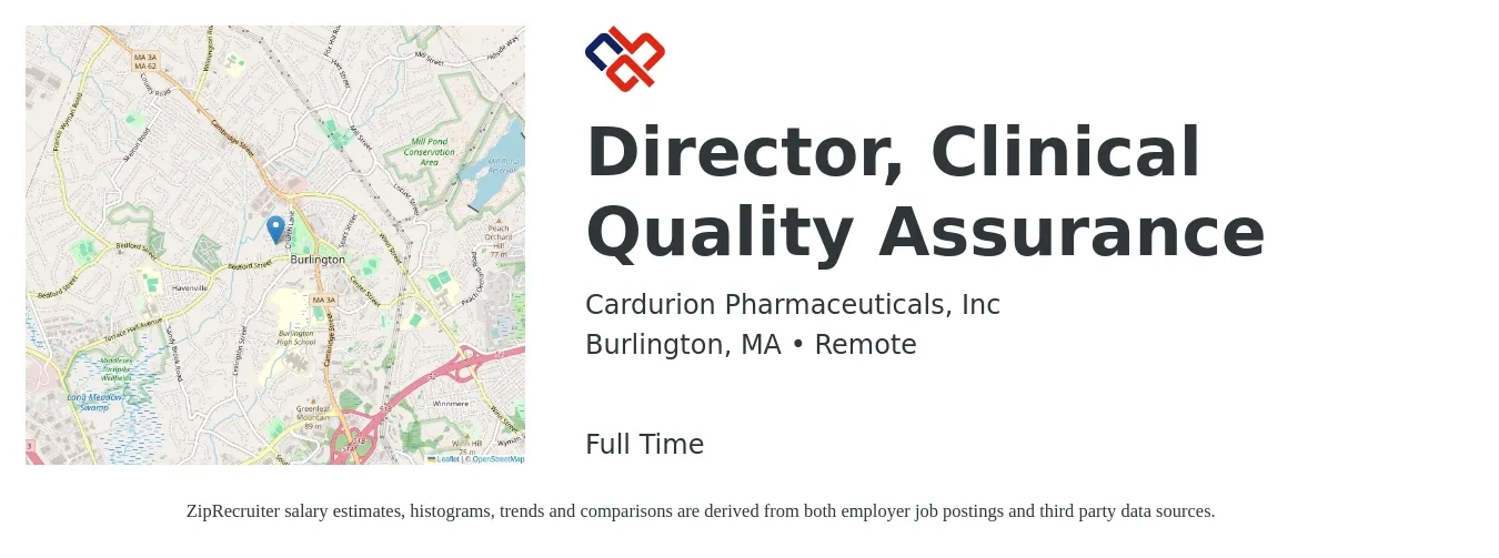 Cardurion Pharmaceuticals, Inc job posting for a Director, Clinical Quality Assurance in Burlington, MA with a salary of $112,100 to $183,900 Yearly with a map of Burlington location.