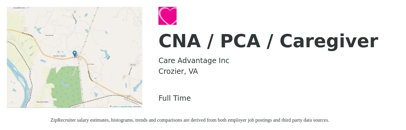 Care Advantage Inc job posting for a CNA / PCA / Caregiver in Crozier, VA with a salary of $14 to $17 Hourly with a map of Crozier location.