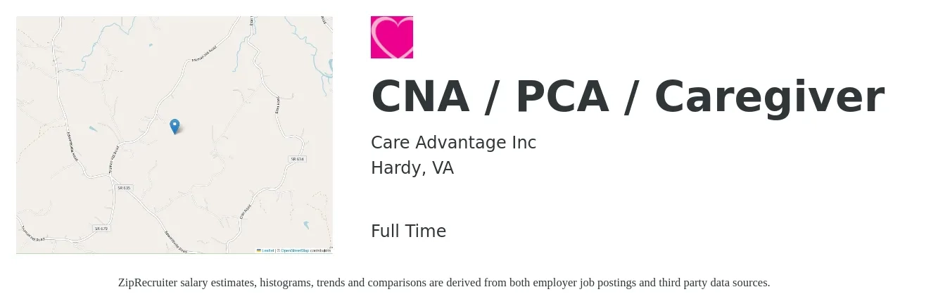 Care Advantage Inc job posting for a CNA / PCA / Caregiver in Hardy, VA with a salary of $14 to $18 Hourly with a map of Hardy location.