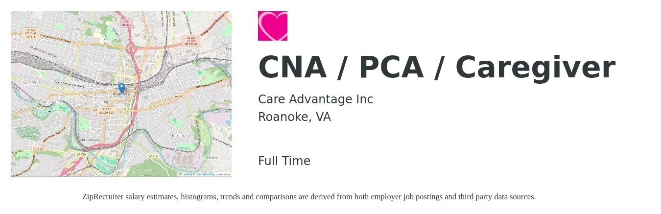 Care Advantage Inc job posting for a CNA / PCA / Caregiver in Roanoke, VA with a salary of $14 to $18 Hourly with a map of Roanoke location.