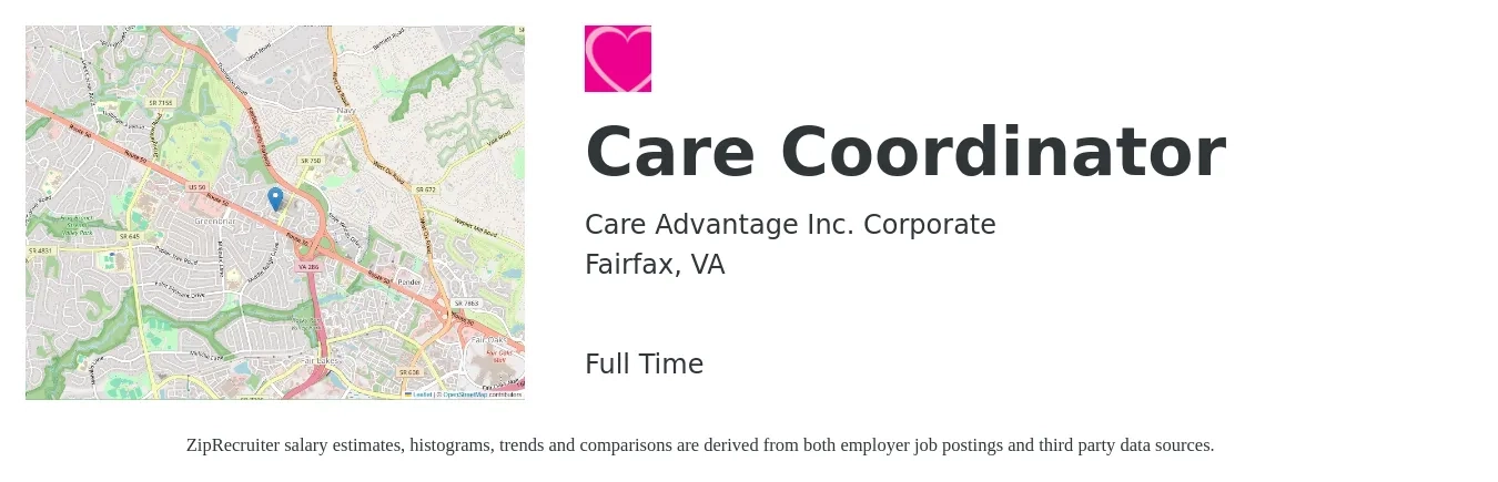 Care Advantage Inc. Corporate job posting for a Care Coordinator in Fairfax, VA with a salary of $20 to $26 Hourly with a map of Fairfax location.