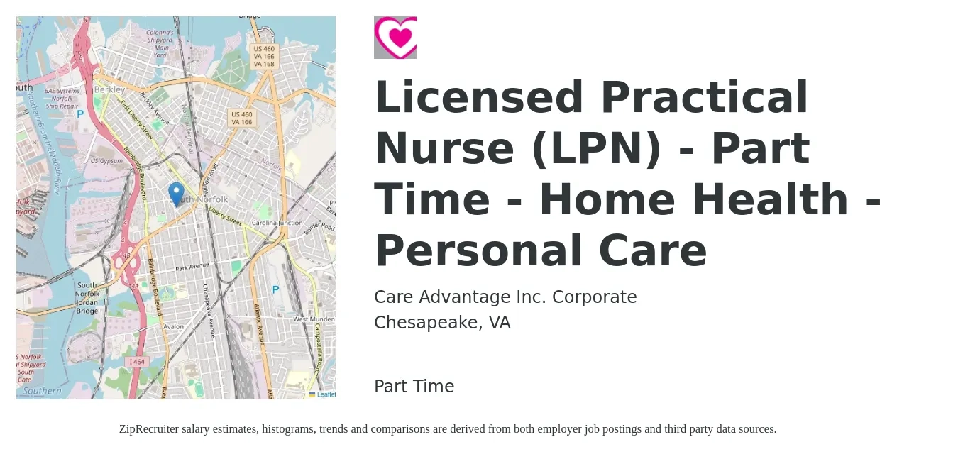 Care Advantage Inc. Corporate job posting for a Licensed Practical Nurse (LPN) - Part Time - Home Health - Personal Care in Chesapeake, VA with a salary of $22 to $30 Hourly with a map of Chesapeake location.