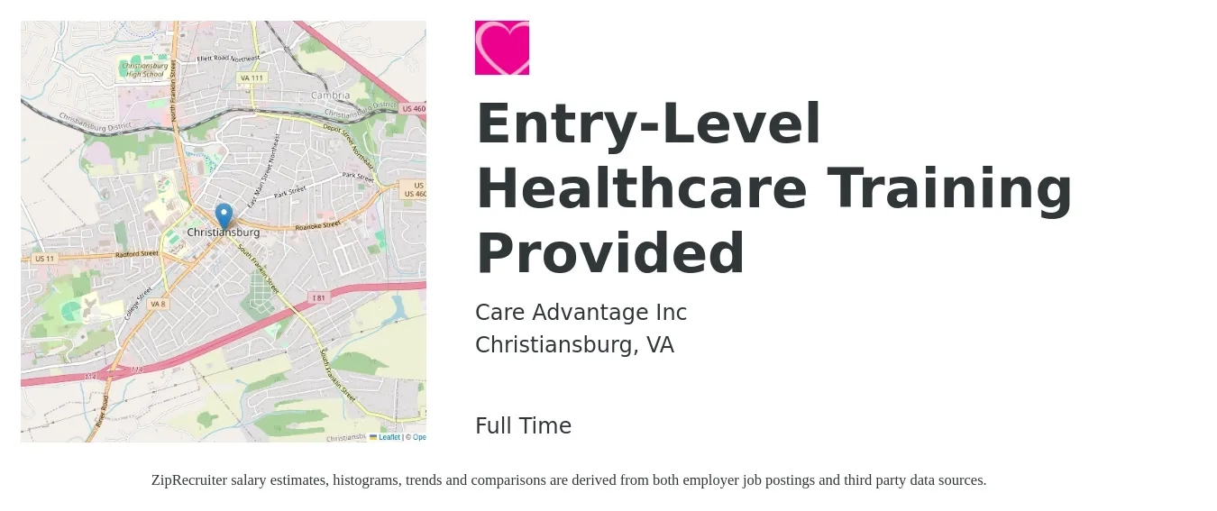 Care Advantage Inc job posting for a Entry-Level Healthcare Training Provided in Christiansburg, VA with a salary of $12 to $16 Hourly with a map of Christiansburg location.