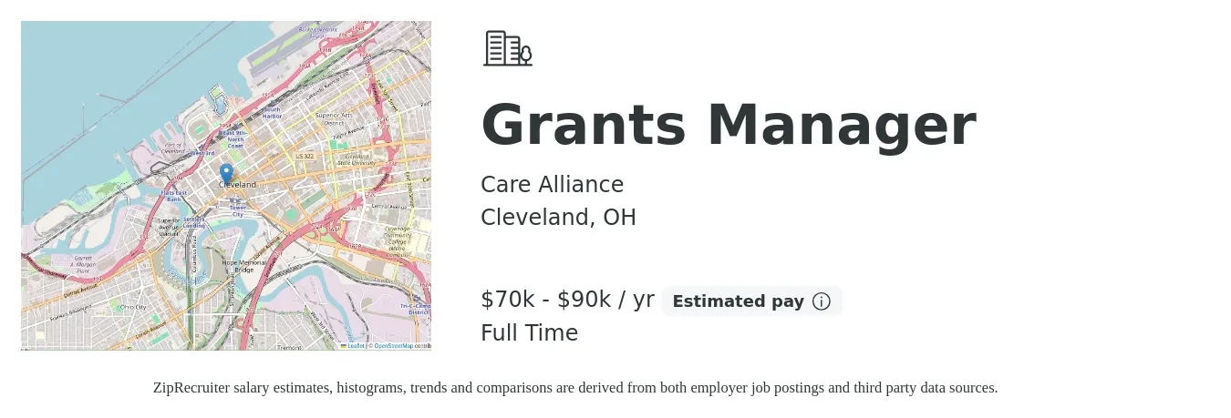 Care Alliance job posting for a Grants Manager in Cleveland, OH with a salary of $70,000 to $90,000 Yearly with a map of Cleveland location.