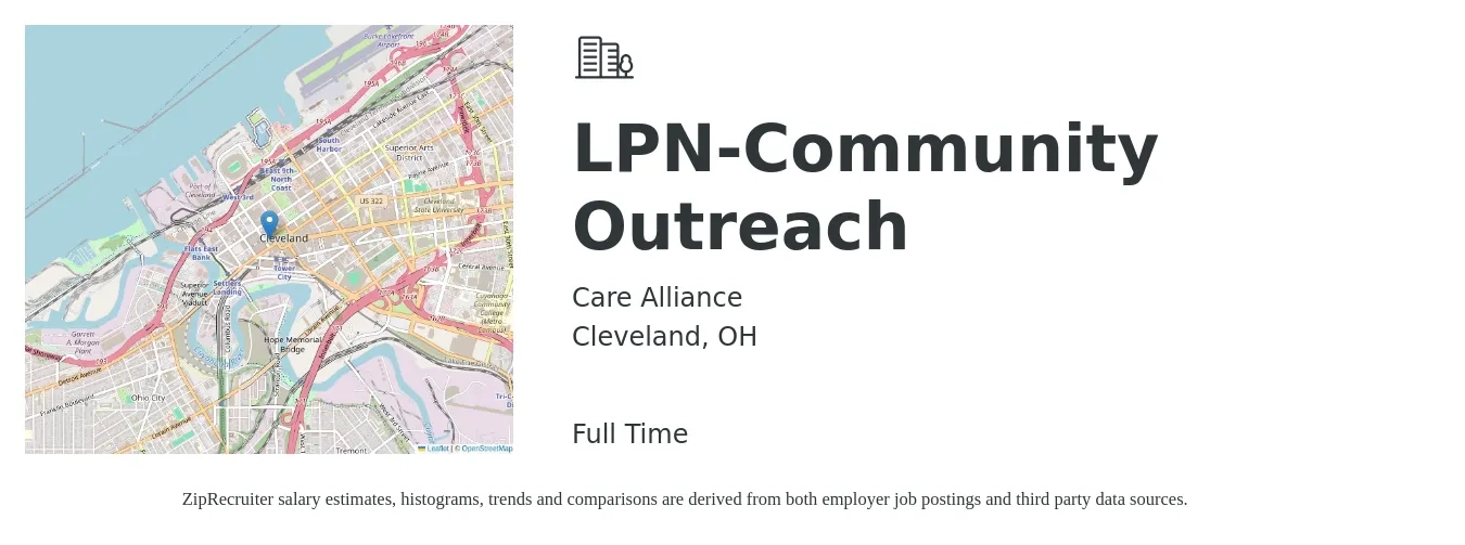 Care Alliance job posting for a LPN-Community Outreach in Cleveland, OH with a salary of $25 to $34 Hourly with a map of Cleveland location.