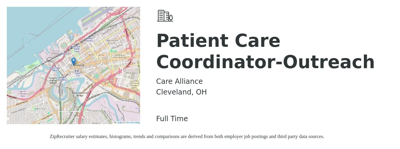Care Alliance job posting for a Patient Care Coordinator-Outreach in Cleveland, OH with a salary of $17 to $22 Hourly with a map of Cleveland location.