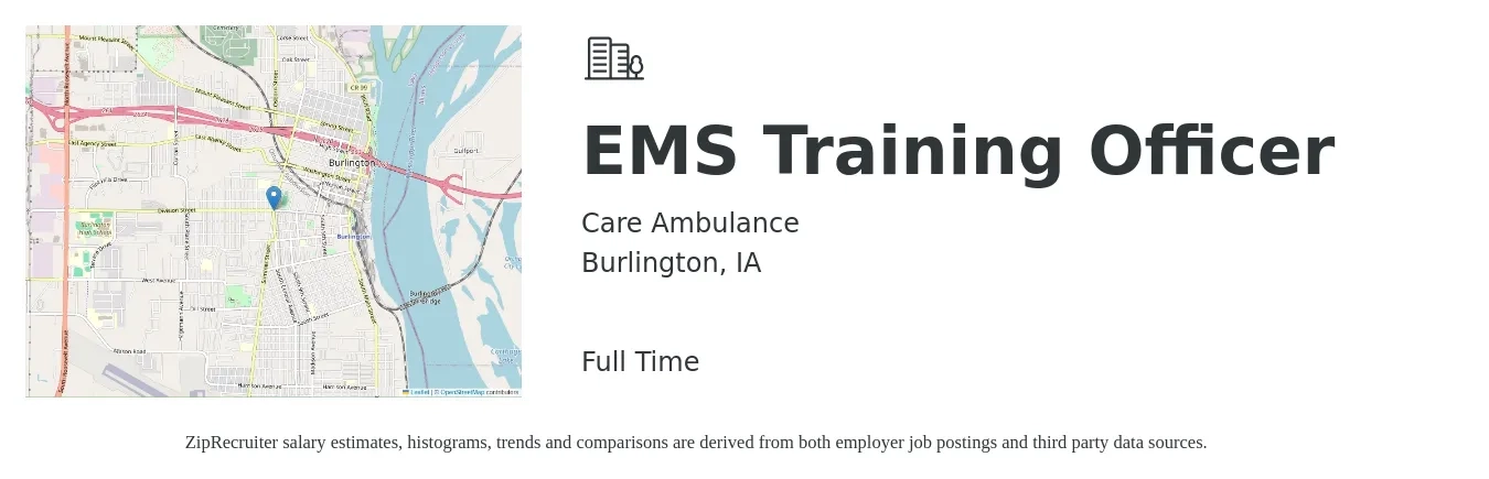 Care Ambulance job posting for a EMS Training Officer in Burlington, IA with a salary of $50,100 to $65,500 Yearly with a map of Burlington location.