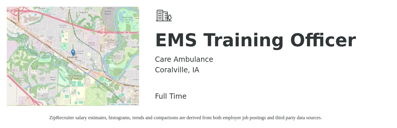 Care Ambulance job posting for a EMS Training Officer in Coralville, IA with a salary of $47,500 to $62,100 Yearly with a map of Coralville location.