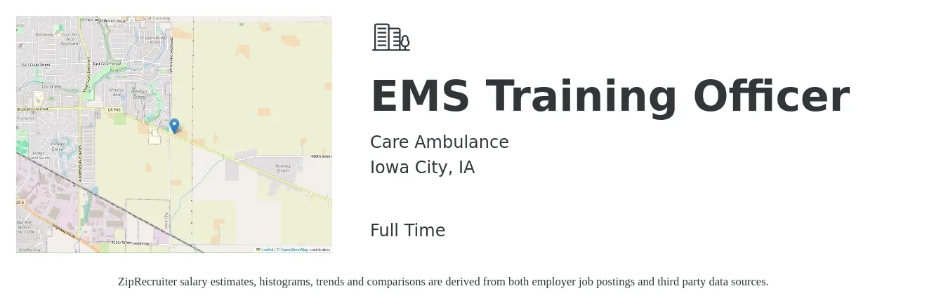 Care Ambulance job posting for a EMS Training Officer in Iowa City, IA with a salary of $50,900 to $66,500 Yearly with a map of Iowa City location.