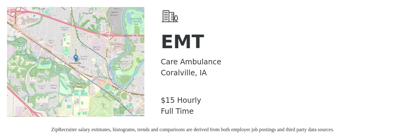 Care Ambulance job posting for a EMT in Coralville, IA with a salary of $16 Hourly with a map of Coralville location.
