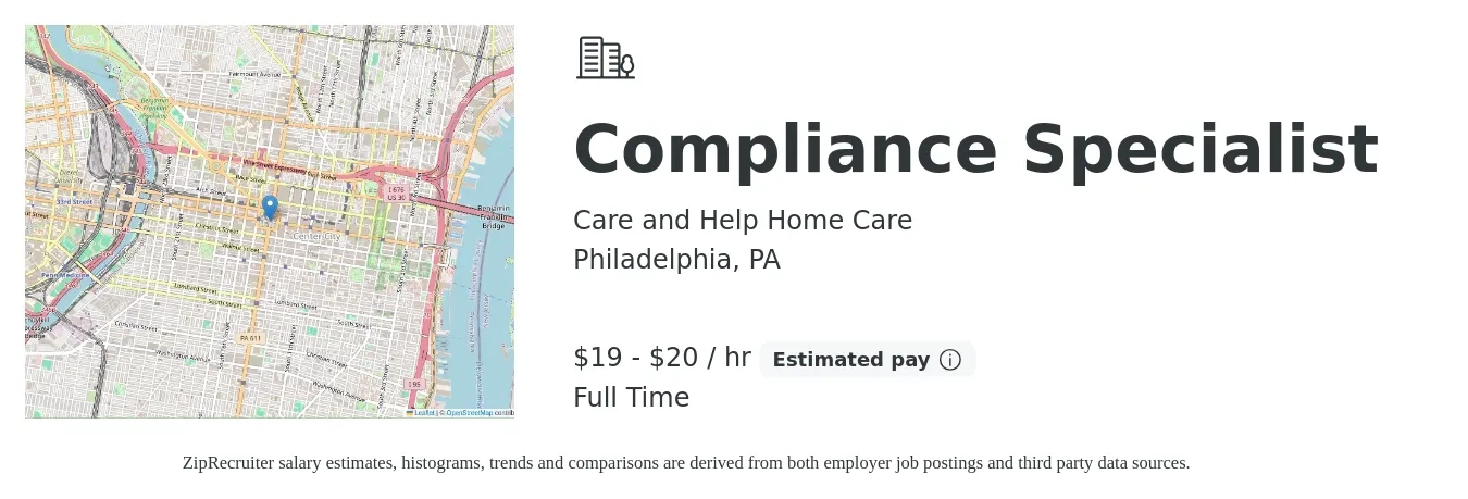 Care and Help Home Care job posting for a Compliance Specialist in Philadelphia, PA with a salary of $20 to $21 Hourly with a map of Philadelphia location.