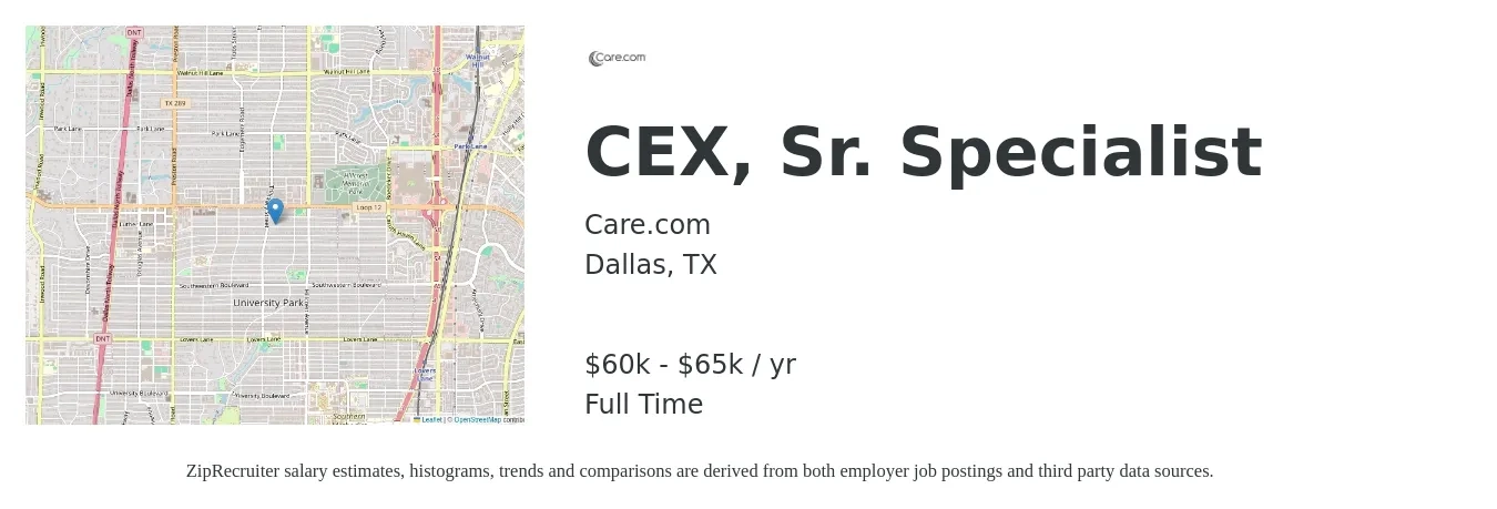 Care.com job posting for a CEX, Sr. Specialist in Dallas, TX with a salary of $60,000 to $65,000 Yearly with a map of Dallas location.