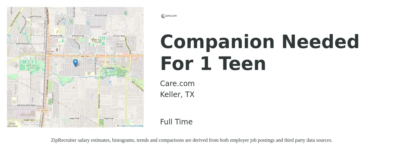 Care.com job posting for a Companion Needed For 1 Teen in Keller, TX with a salary of $14 to $16 Hourly with a map of Keller location.