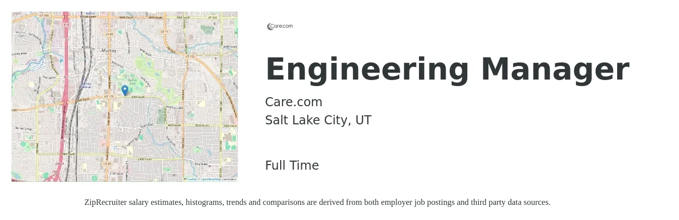 Care.com job posting for a Engineering Manager in Salt Lake City, UT with a salary of $112,700 to $167,400 Yearly with a map of Salt Lake City location.