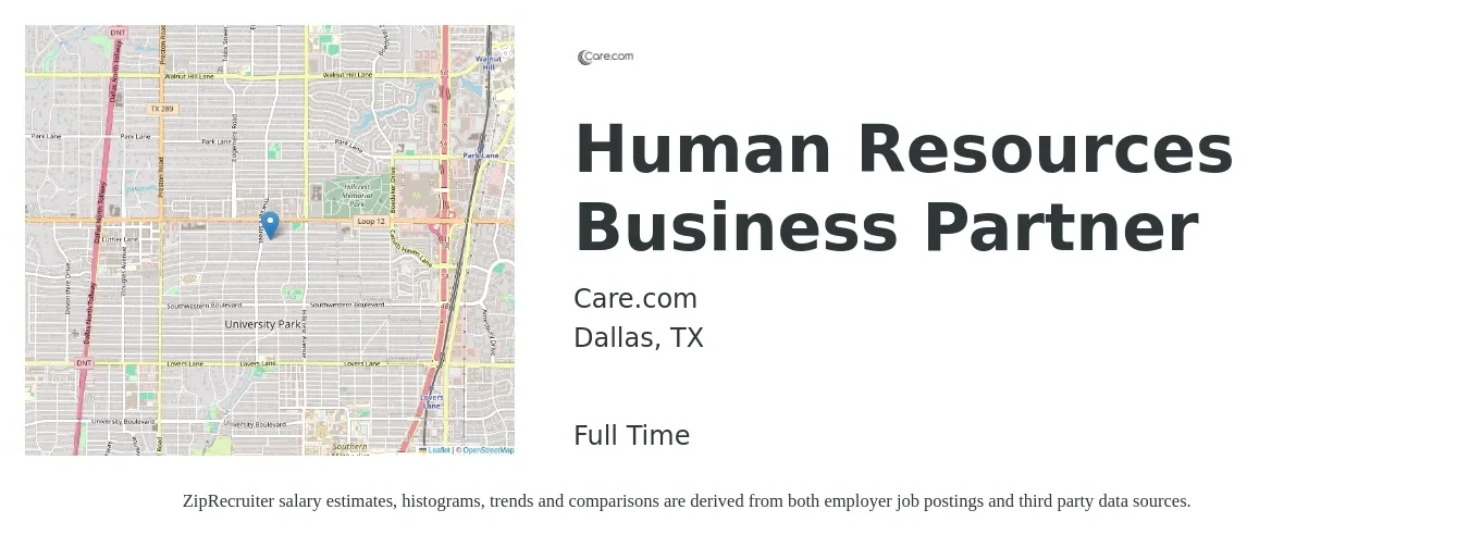 Care.com job posting for a Human Resources Business Partner in Dallas, TX with a salary of $71,200 to $101,400 Yearly with a map of Dallas location.