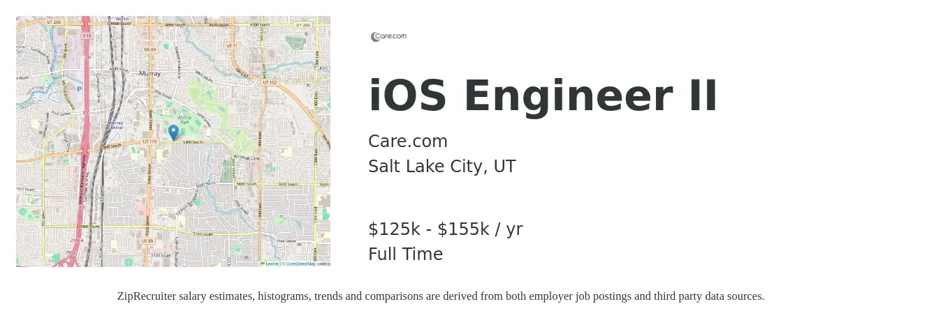 Care.com job posting for a iOS Engineer II in Salt Lake City, UT with a salary of $125,000 to $155,000 Yearly with a map of Salt Lake City location.