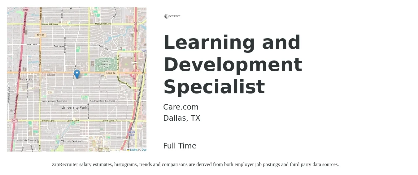 Care.com job posting for a Learning and Development Specialist in Dallas, TX with a salary of $27 to $40 Hourly with a map of Dallas location.