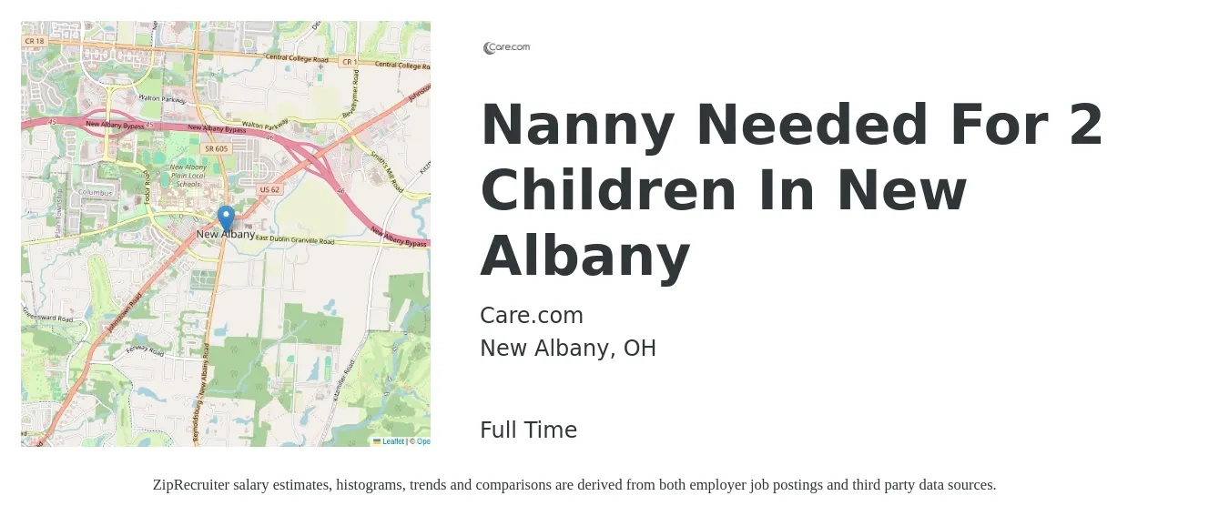 Care.com job posting for a Nanny Needed For 2 Children In New Albany in New Albany, OH with a salary of $18 to $27 Hourly with a map of New Albany location.
