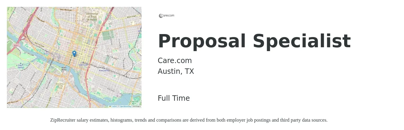 Care.com job posting for a Proposal Specialist in Austin, TX with a salary of $50,600 to $79,300 Yearly with a map of Austin location.