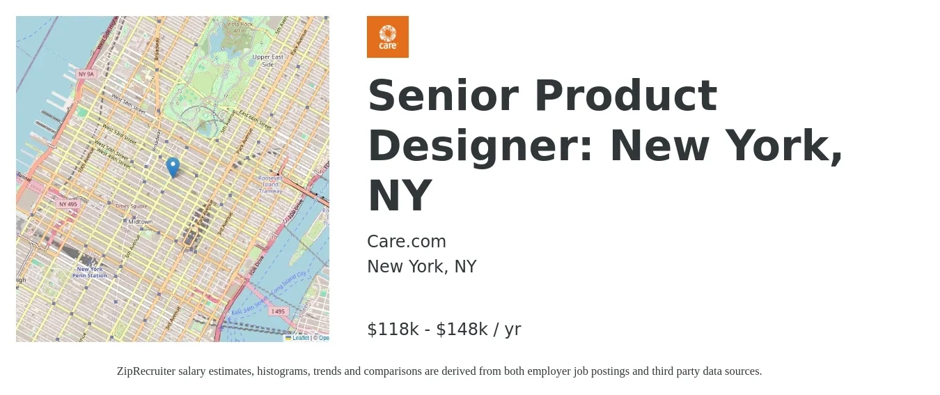Care.com job posting for a Senior Product Designer: New York, NY in New York, NY with a salary of $118,000 to $148,000 Yearly with a map of New York location.
