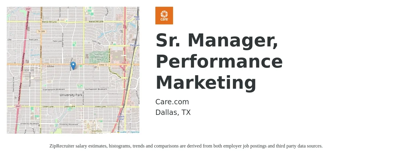 Care.com job posting for a Sr. Manager, Performance Marketing in Dallas, TX with a salary of $89,000 to $129,600 Yearly with a map of Dallas location.