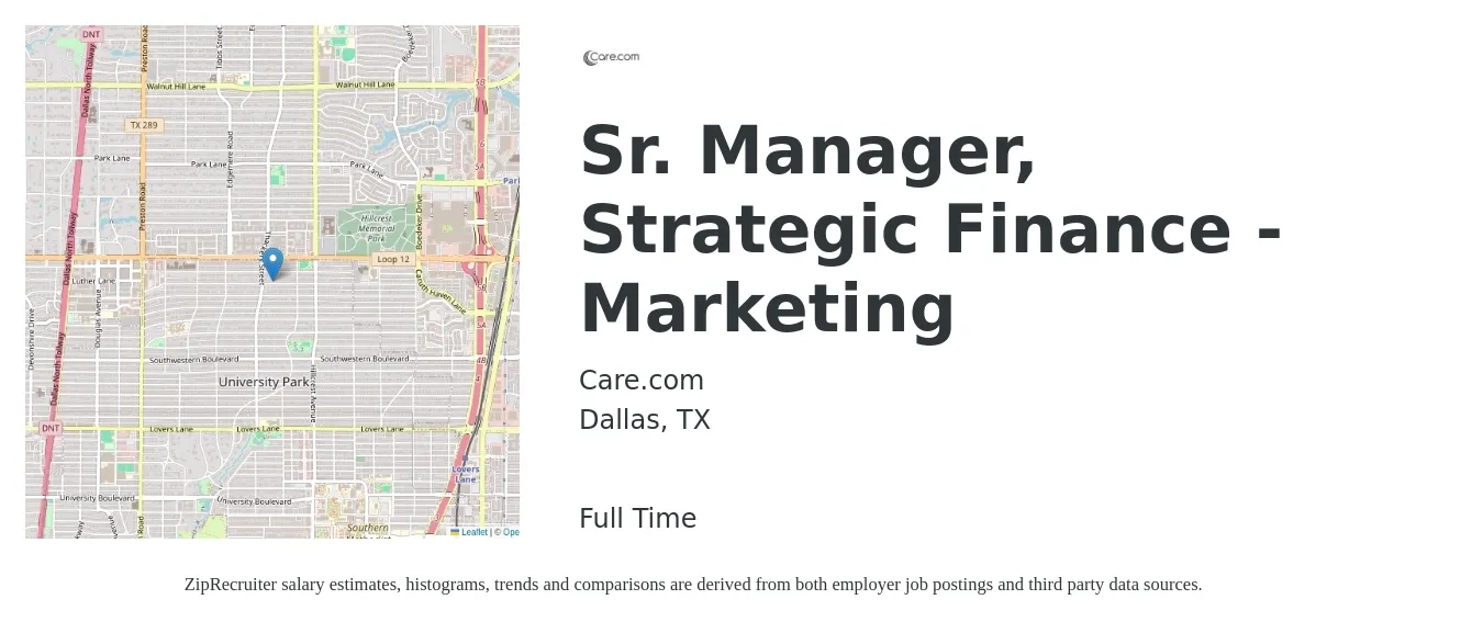 Care.com job posting for a Sr. Manager, Strategic Finance - Marketing in Dallas, TX with a salary of $82,600 to $136,500 Yearly with a map of Dallas location.