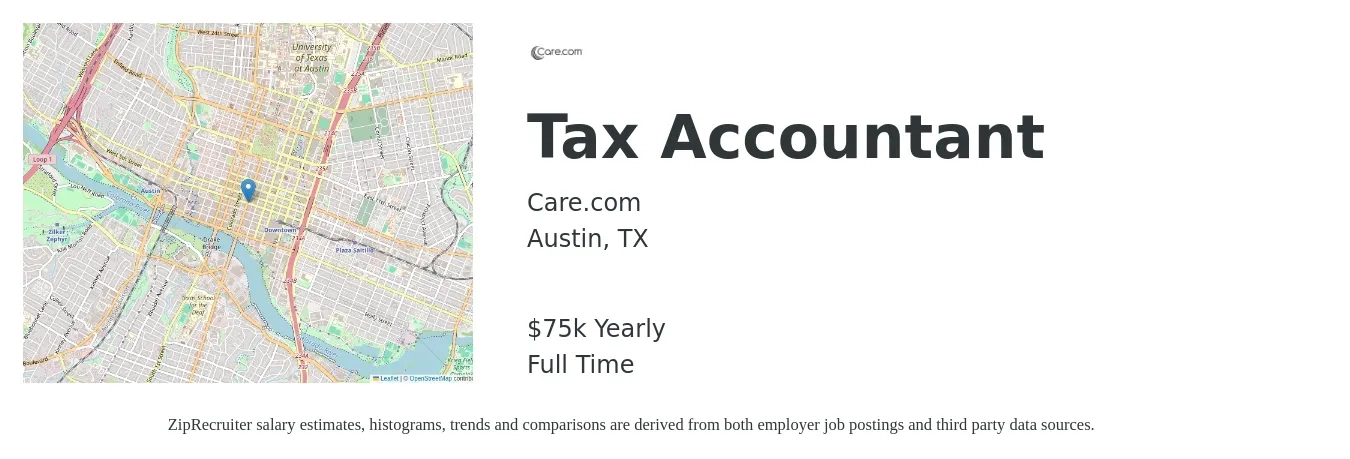 Care.com job posting for a Tax Accountant in Austin, TX with a salary of $75,000 Yearly with a map of Austin location.