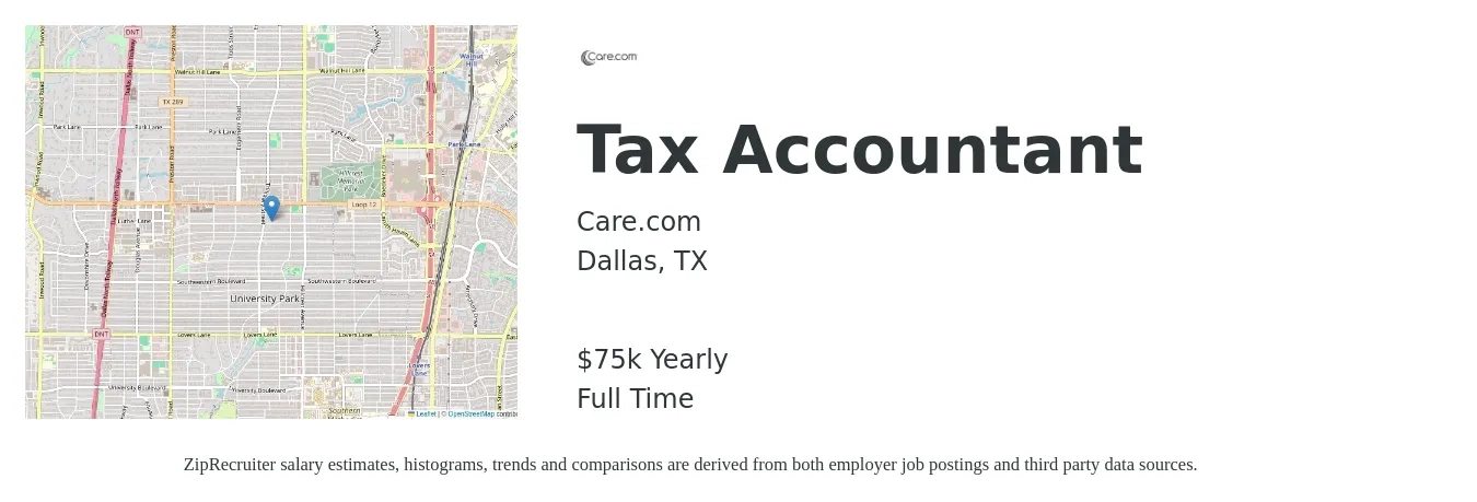 Care.com job posting for a Tax Accountant in Dallas, TX with a salary of $75,000 Yearly with a map of Dallas location.