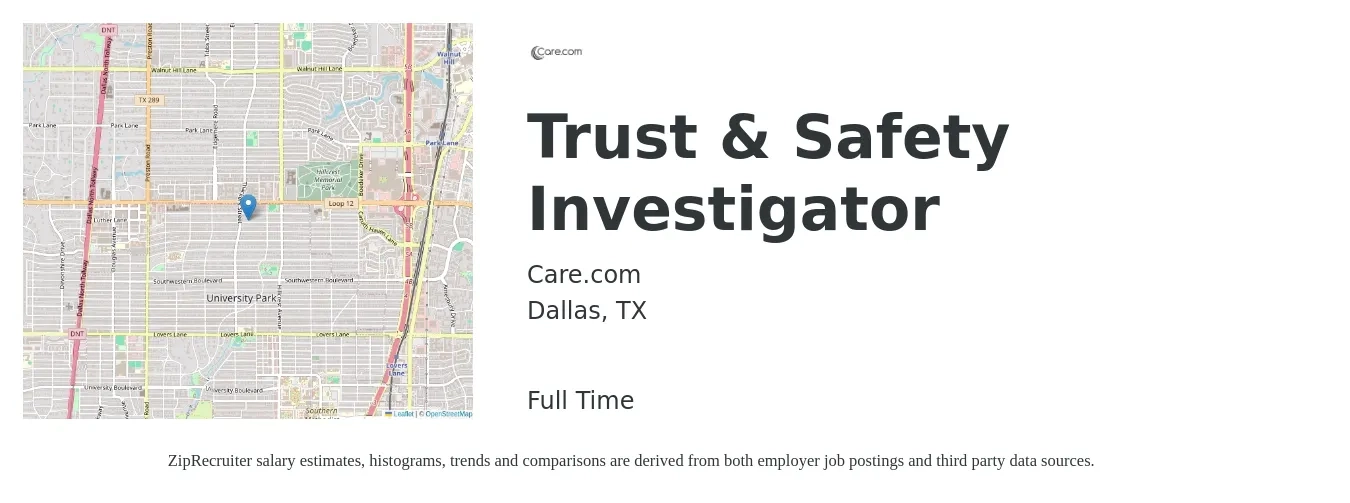 Care.com job posting for a Trust & Safety Investigator in Dallas, TX with a salary of $51,900 to $97,400 Yearly with a map of Dallas location.
