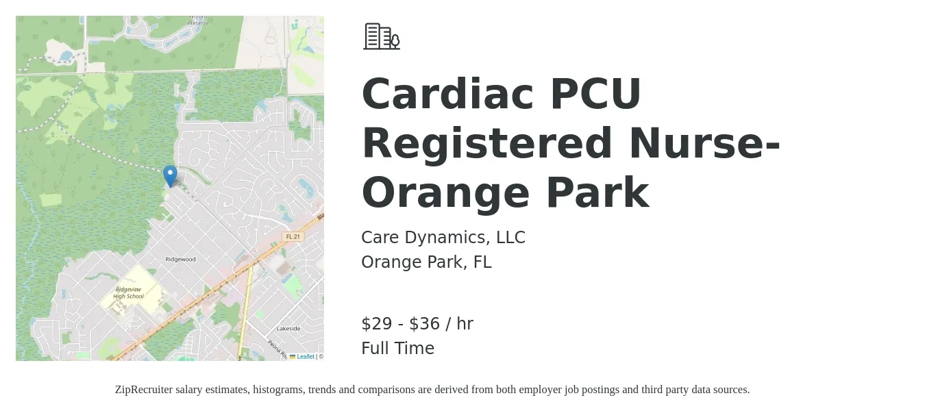 Care Dynamics, LLC job posting for a Cardiac PCU Registered Nurse- Orange Park in Orange Park, FL with a salary of $31 to $38 Hourly with a map of Orange Park location.