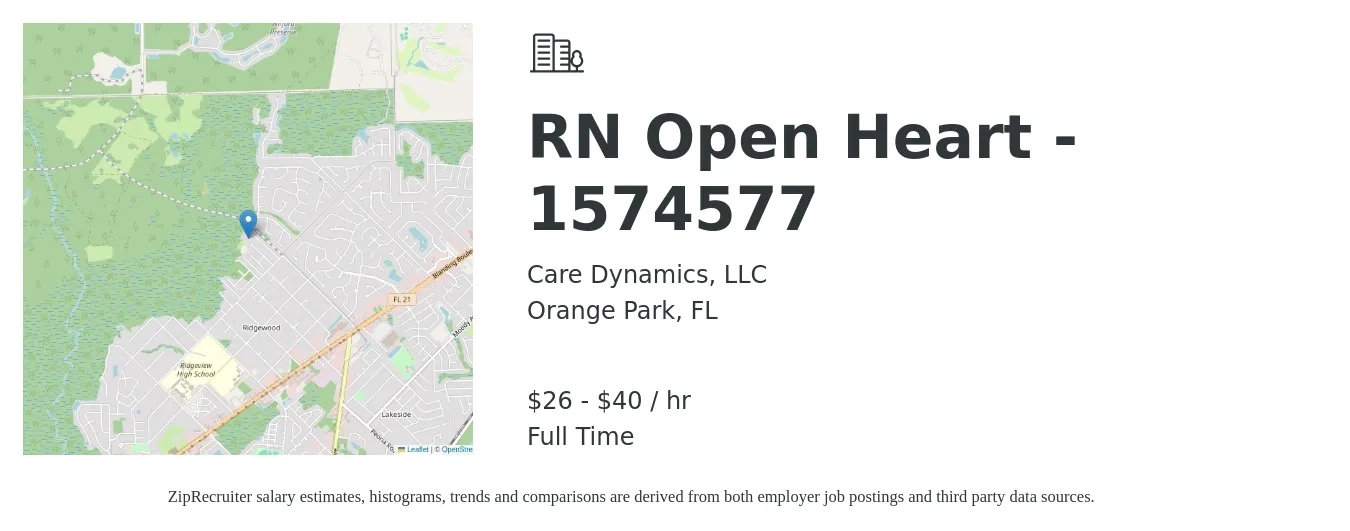 Care Dynamics, LLC job posting for a RN Open Heart - 1574577 in Orange Park, FL with a salary of $28 to $42 Hourly with a map of Orange Park location.
