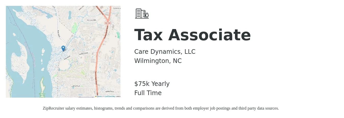 Care Dynamics, LLC job posting for a Tax Associate in Wilmington, NC with a salary of $75,000 Yearly with a map of Wilmington location.