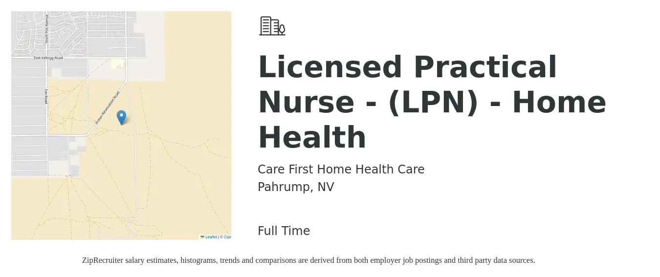 Care First Home Health Care job posting for a Licensed Practical Nurse - (LPN) - Home Health in Pahrump, NV with a salary of $26 to $35 Hourly with a map of Pahrump location.