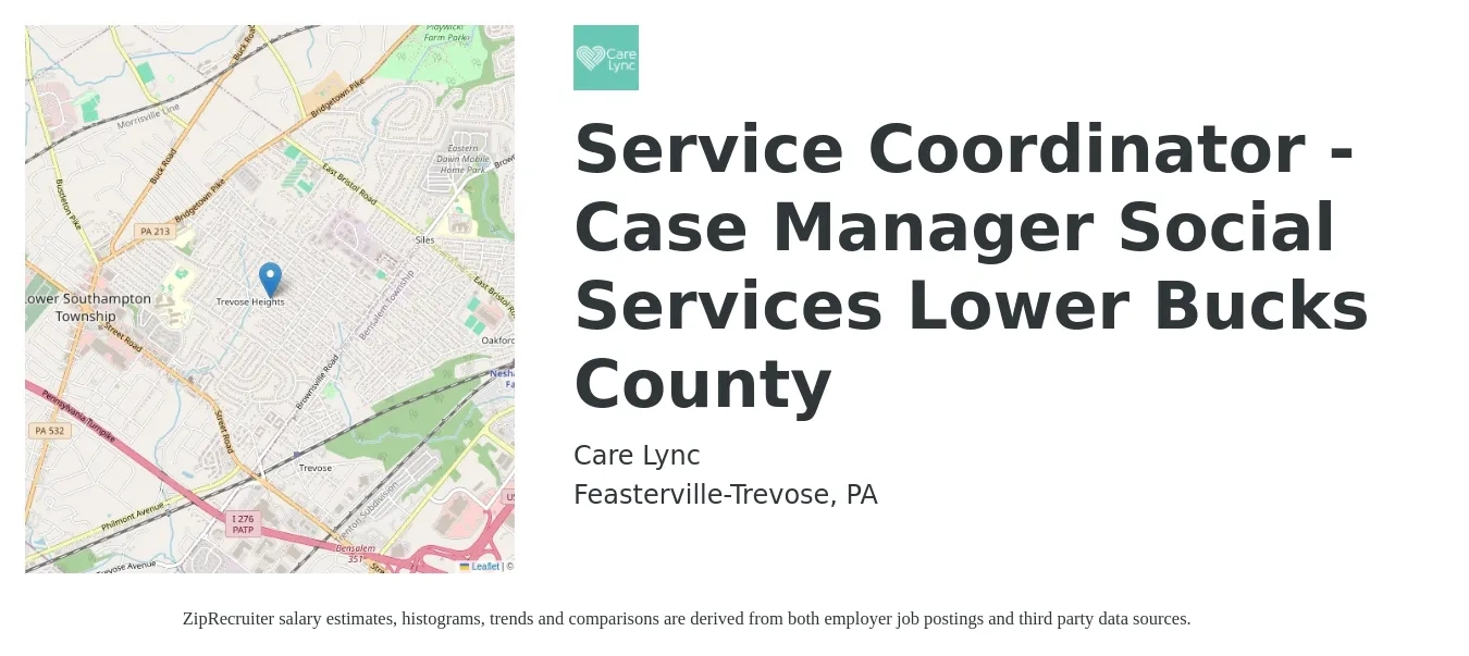 Care Lync job posting for a Service Coordinator - Case Manager Social Services Lower Bucks County in Feasterville-Trevose, PA with a salary of $48,000 to $55,000 Yearly with a map of Feasterville-Trevose location.