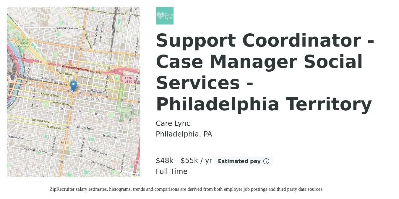 Care Lync job posting for a Support Coordinator - Case Manager Social Services - Philadelphia Territory in Philadelphia, PA with a salary of $48,000 to $55,000 Yearly with a map of Philadelphia location.
